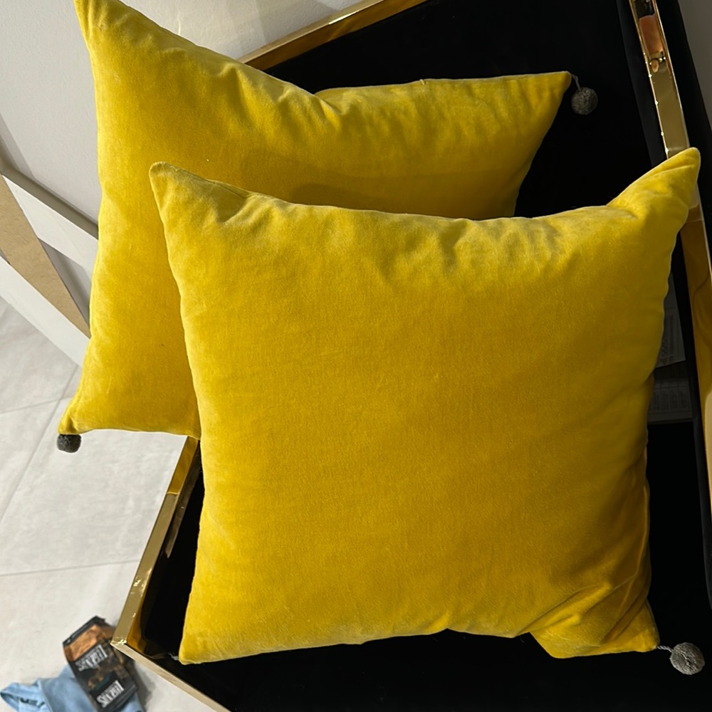 sunya yellow throw pillow square gray pom pom
